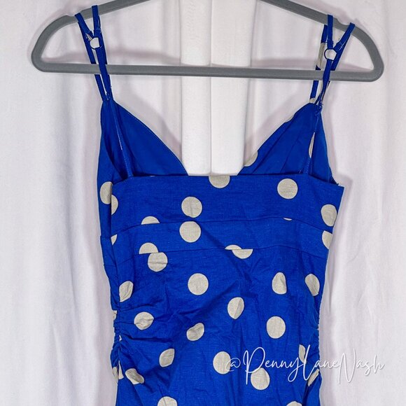 Zara Linen Blend Polka Dot Ruched Midi Dress Blue/Tan - Picture 12 of 13